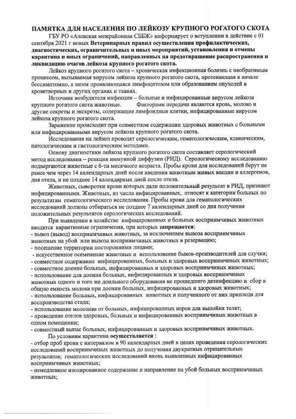 Памятка для батайчан по лейкозу крупного рогатого скота